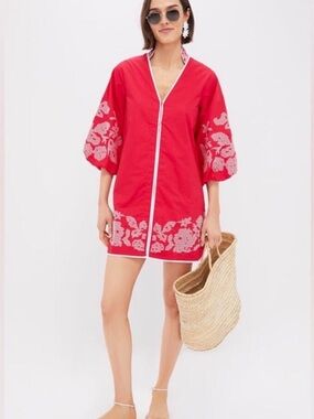 Tuckernuck Hyacinth House Red & White Embroidery Mini Arem Caftan NWT Sz XS